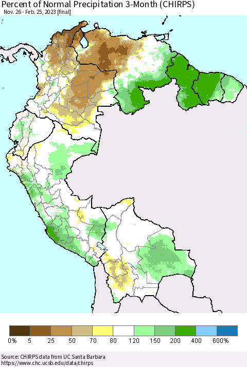 Northern South America Percent of Normal Precipitation 3-Month (CHIRPS) Thematic Map For 11/26/2022 - 2/25/2023