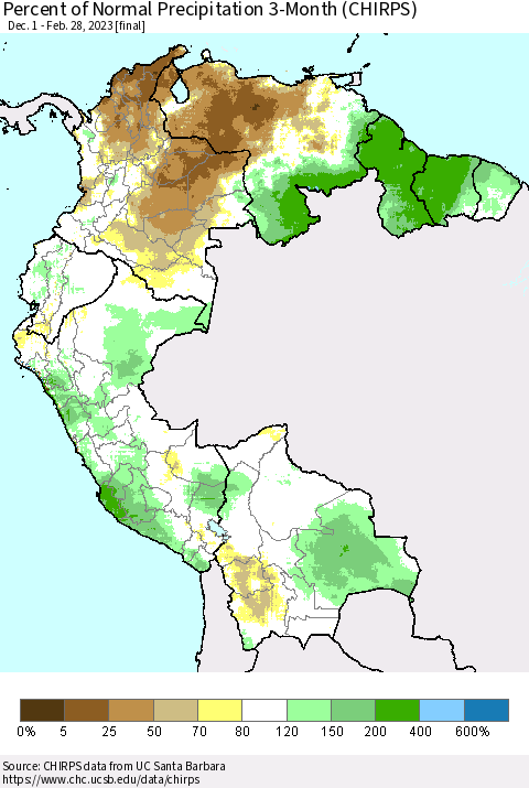 Northern South America Percent of Normal Precipitation 3-Month (CHIRPS) Thematic Map For 12/1/2022 - 2/28/2023