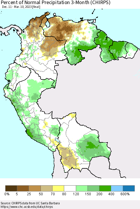 Northern South America Percent of Normal Precipitation 3-Month (CHIRPS) Thematic Map For 12/11/2022 - 3/10/2023