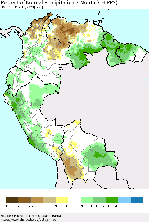 Northern South America Percent of Normal Precipitation 3-Month (CHIRPS) Thematic Map For 12/16/2022 - 3/15/2023