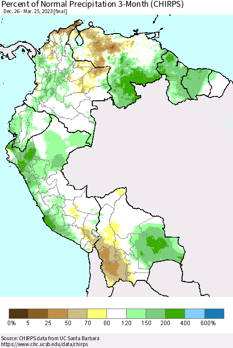 Northern South America Percent of Normal Precipitation 3-Month (CHIRPS) Thematic Map For 12/26/2022 - 3/25/2023