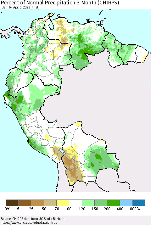 Northern South America Percent of Normal Precipitation 3-Month (CHIRPS) Thematic Map For 1/6/2023 - 4/5/2023