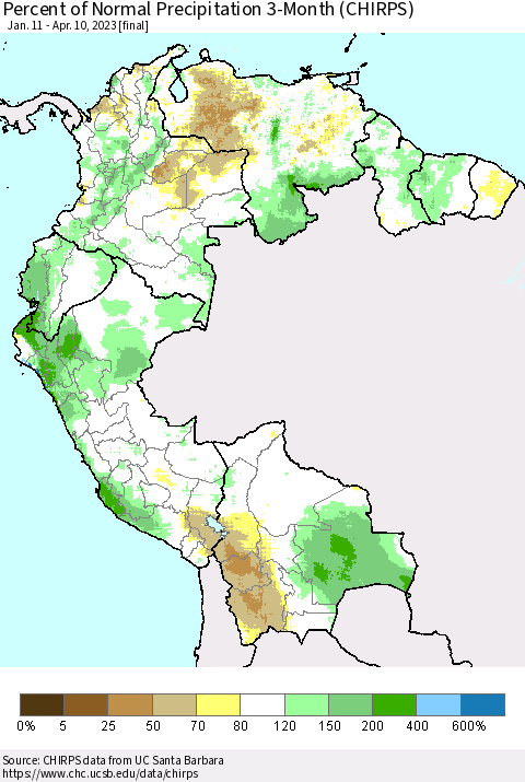Northern South America Percent of Normal Precipitation 3-Month (CHIRPS) Thematic Map For 1/11/2023 - 4/10/2023