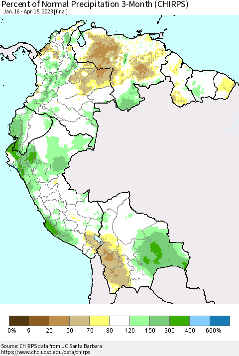 Northern South America Percent of Normal Precipitation 3-Month (CHIRPS) Thematic Map For 1/16/2023 - 4/15/2023