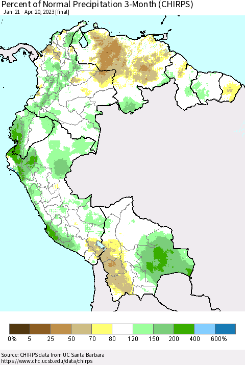 Northern South America Percent of Normal Precipitation 3-Month (CHIRPS) Thematic Map For 1/21/2023 - 4/20/2023