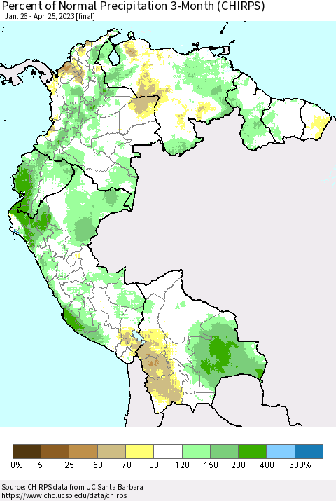 Northern South America Percent of Normal Precipitation 3-Month (CHIRPS) Thematic Map For 1/26/2023 - 4/25/2023