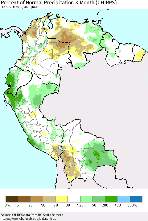 Northern South America Percent of Normal Precipitation 3-Month (CHIRPS) Thematic Map For 2/6/2023 - 5/5/2023