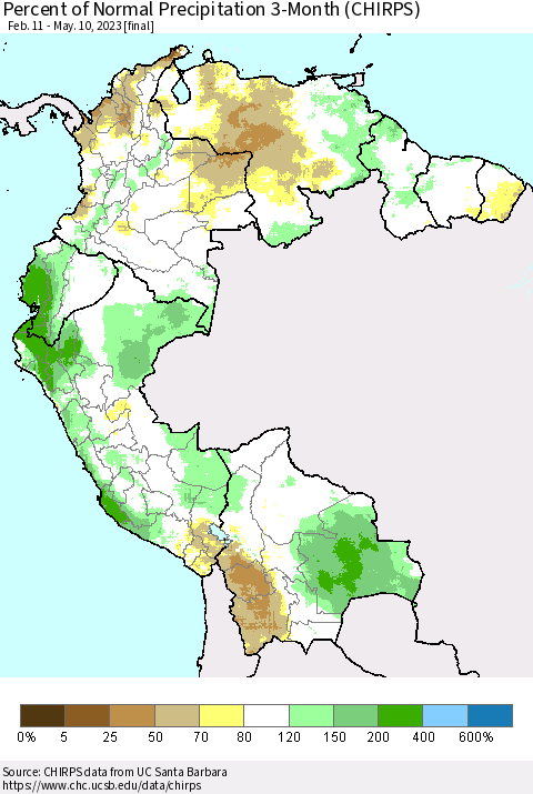 Northern South America Percent of Normal Precipitation 3-Month (CHIRPS) Thematic Map For 2/11/2023 - 5/10/2023