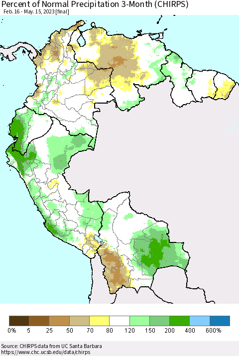 Northern South America Percent of Normal Precipitation 3-Month (CHIRPS) Thematic Map For 2/16/2023 - 5/15/2023