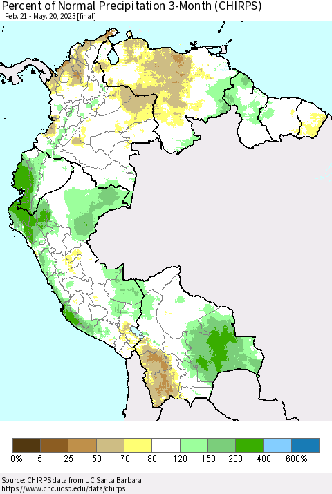 Northern South America Percent of Normal Precipitation 3-Month (CHIRPS) Thematic Map For 2/21/2023 - 5/20/2023