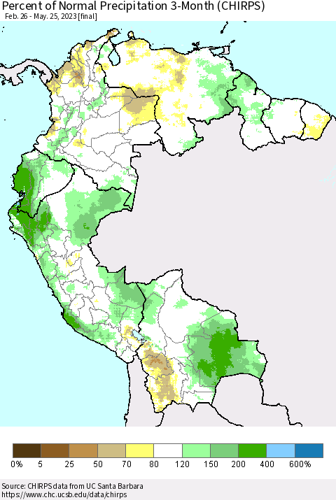 Northern South America Percent of Normal Precipitation 3-Month (CHIRPS) Thematic Map For 2/26/2023 - 5/25/2023