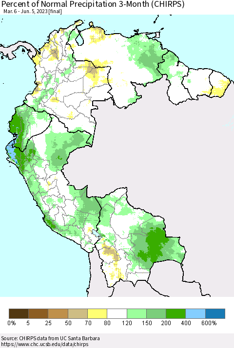 Northern South America Percent of Normal Precipitation 3-Month (CHIRPS) Thematic Map For 3/6/2023 - 6/5/2023