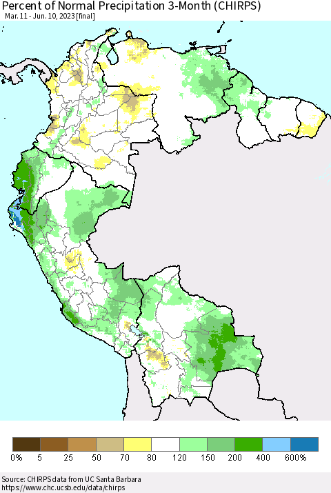 Northern South America Percent of Normal Precipitation 3-Month (CHIRPS) Thematic Map For 3/11/2023 - 6/10/2023