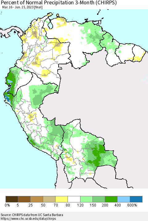 Northern South America Percent of Normal Precipitation 3-Month (CHIRPS) Thematic Map For 3/16/2023 - 6/15/2023