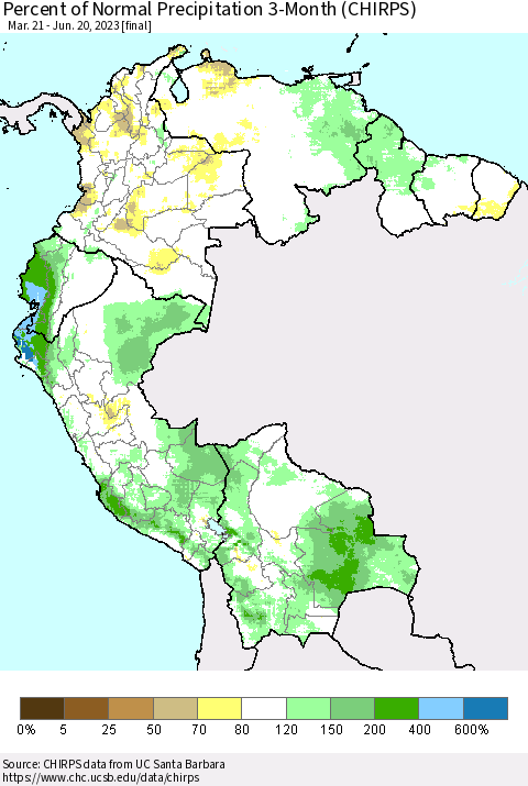 Northern South America Percent of Normal Precipitation 3-Month (CHIRPS) Thematic Map For 3/21/2023 - 6/20/2023