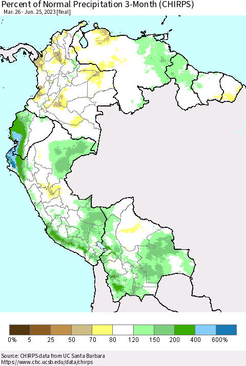 Northern South America Percent of Normal Precipitation 3-Month (CHIRPS) Thematic Map For 3/26/2023 - 6/25/2023
