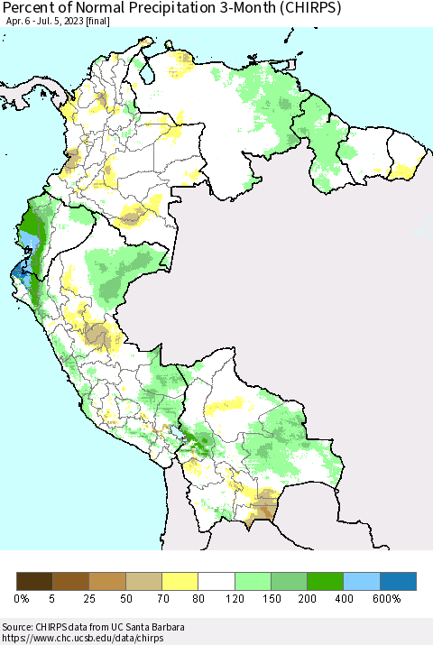 Northern South America Percent of Normal Precipitation 3-Month (CHIRPS) Thematic Map For 4/6/2023 - 7/5/2023