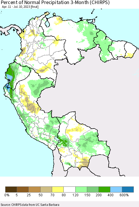Northern South America Percent of Normal Precipitation 3-Month (CHIRPS) Thematic Map For 4/11/2023 - 7/10/2023