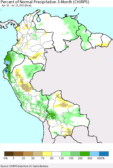 Northern South America Percent of Normal Precipitation 3-Month (CHIRPS) Thematic Map For 4/16/2023 - 7/15/2023