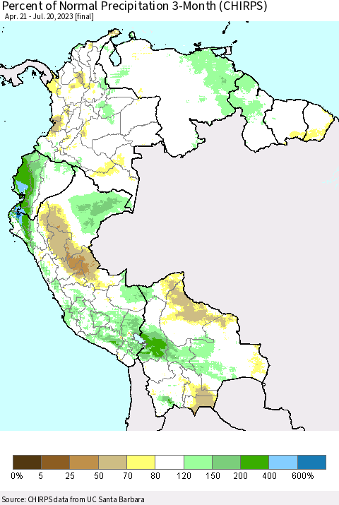Northern South America Percent of Normal Precipitation 3-Month (CHIRPS) Thematic Map For 4/21/2023 - 7/20/2023