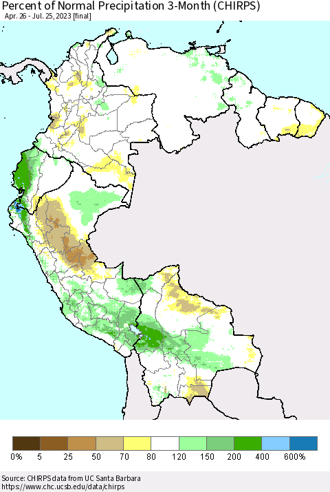 Northern South America Percent of Normal Precipitation 3-Month (CHIRPS) Thematic Map For 4/26/2023 - 7/25/2023