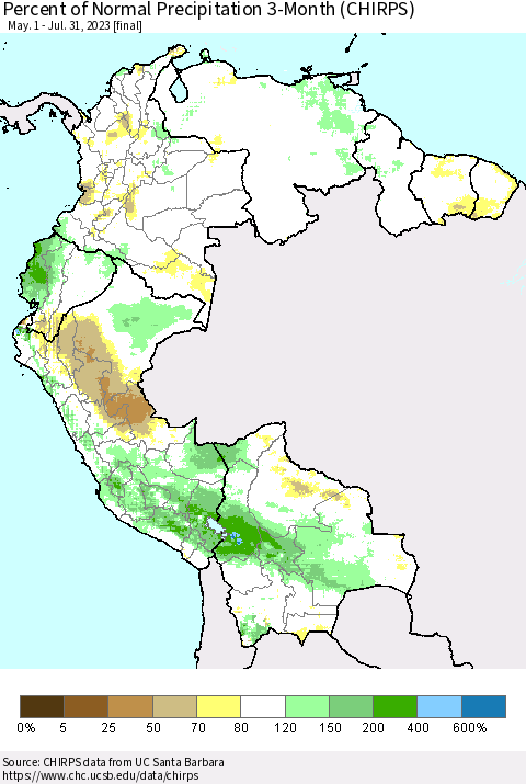 Northern South America Percent of Normal Precipitation 3-Month (CHIRPS) Thematic Map For 5/1/2023 - 7/31/2023