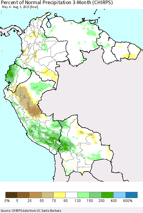 Northern South America Percent of Normal Precipitation 3-Month (CHIRPS) Thematic Map For 5/6/2023 - 8/5/2023