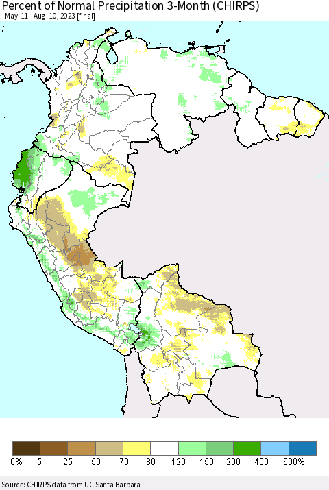 Northern South America Percent of Normal Precipitation 3-Month (CHIRPS) Thematic Map For 5/11/2023 - 8/10/2023
