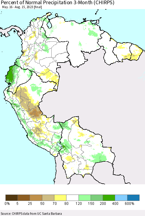 Northern South America Percent of Normal Precipitation 3-Month (CHIRPS) Thematic Map For 5/16/2023 - 8/15/2023