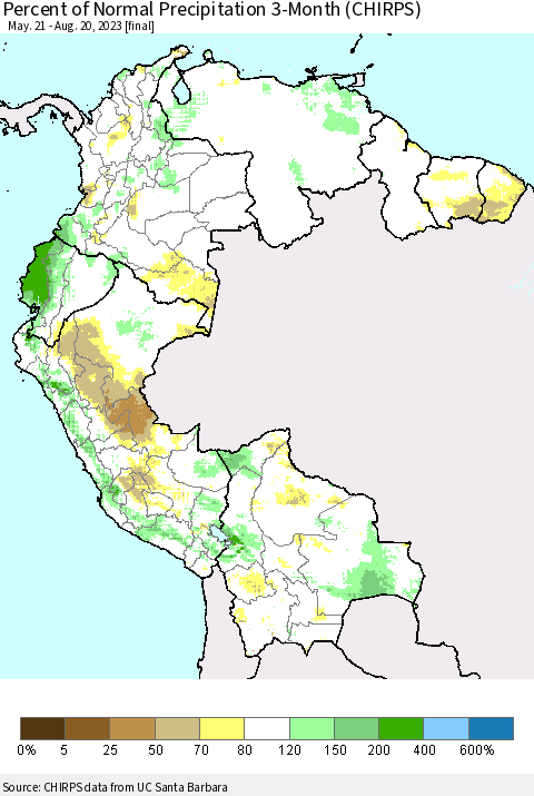 Northern South America Percent of Normal Precipitation 3-Month (CHIRPS) Thematic Map For 5/21/2023 - 8/20/2023