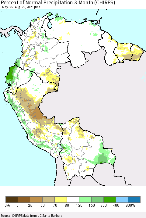 Northern South America Percent of Normal Precipitation 3-Month (CHIRPS) Thematic Map For 5/26/2023 - 8/25/2023