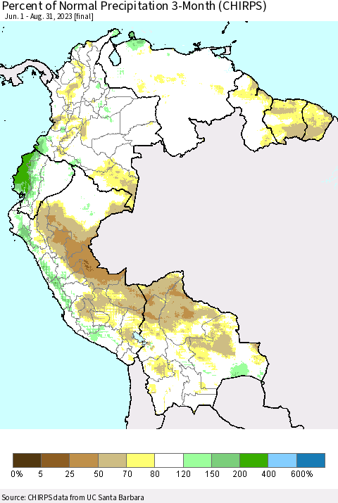 Northern South America Percent of Normal Precipitation 3-Month (CHIRPS) Thematic Map For 6/1/2023 - 8/31/2023