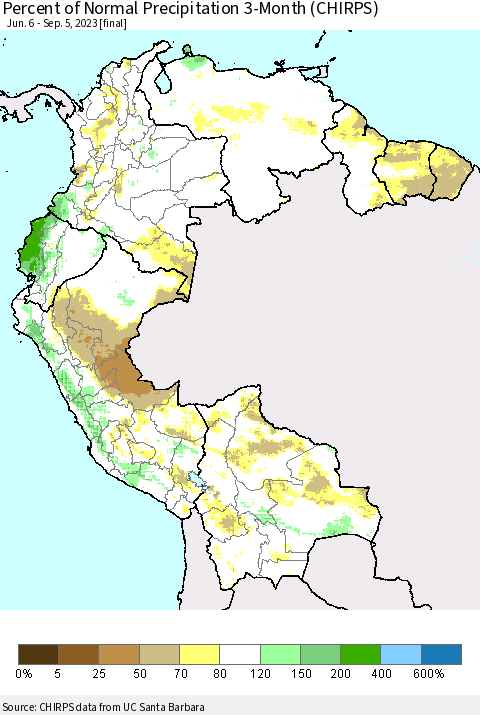 Northern South America Percent of Normal Precipitation 3-Month (CHIRPS) Thematic Map For 6/6/2023 - 9/5/2023