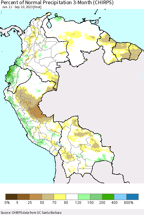 Northern South America Percent of Normal Precipitation 3-Month (CHIRPS) Thematic Map For 6/11/2023 - 9/10/2023