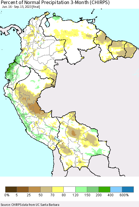Northern South America Percent of Normal Precipitation 3-Month (CHIRPS) Thematic Map For 6/16/2023 - 9/15/2023
