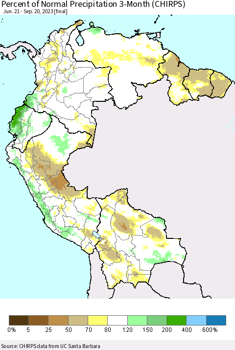 Northern South America Percent of Normal Precipitation 3-Month (CHIRPS) Thematic Map For 6/21/2023 - 9/20/2023