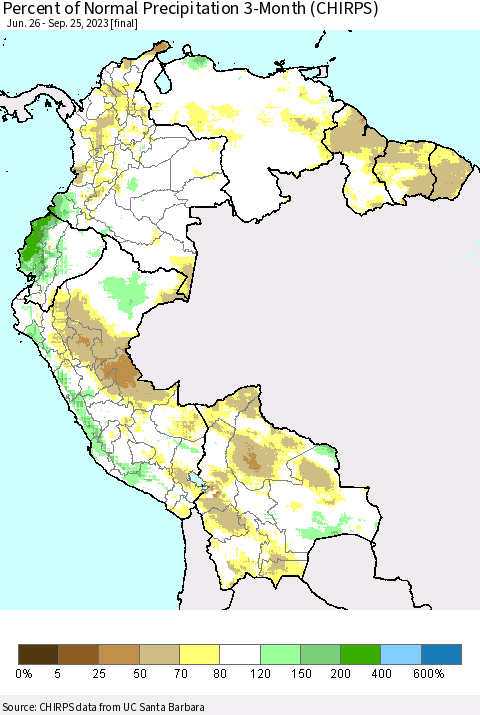 Northern South America Percent of Normal Precipitation 3-Month (CHIRPS) Thematic Map For 6/26/2023 - 9/25/2023