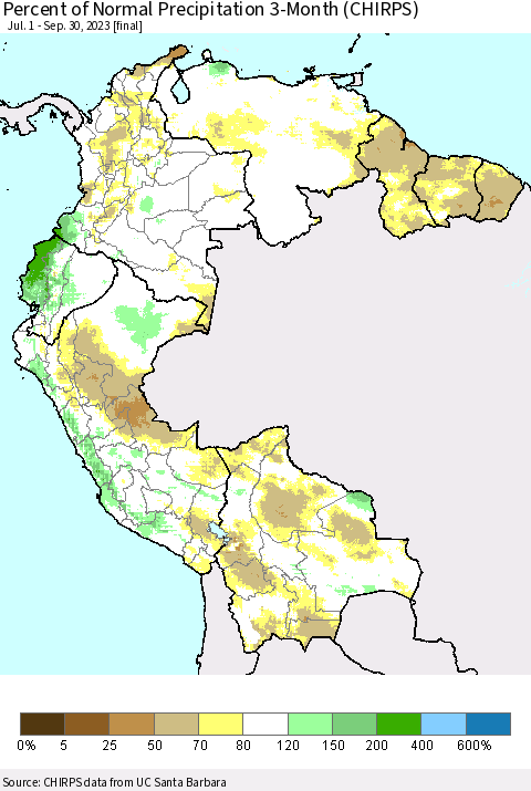 Northern South America Percent of Normal Precipitation 3-Month (CHIRPS) Thematic Map For 7/1/2023 - 9/30/2023