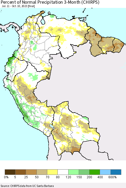 Northern South America Percent of Normal Precipitation 3-Month (CHIRPS) Thematic Map For 7/11/2023 - 10/10/2023