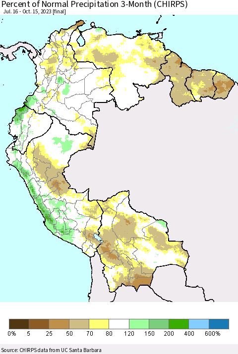 Northern South America Percent of Normal Precipitation 3-Month (CHIRPS) Thematic Map For 7/16/2023 - 10/15/2023