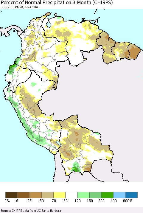 Northern South America Percent of Normal Precipitation 3-Month (CHIRPS) Thematic Map For 7/21/2023 - 10/20/2023