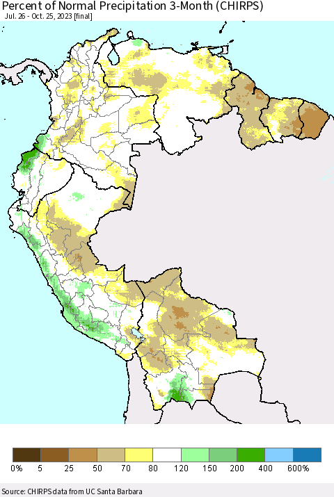 Northern South America Percent of Normal Precipitation 3-Month (CHIRPS) Thematic Map For 7/26/2023 - 10/25/2023