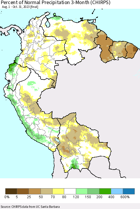 Northern South America Percent of Normal Precipitation 3-Month (CHIRPS) Thematic Map For 8/1/2023 - 10/31/2023