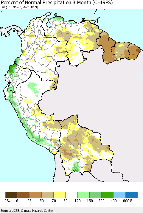 Northern South America Percent of Normal Precipitation 3-Month (CHIRPS) Thematic Map For 8/6/2023 - 11/5/2023