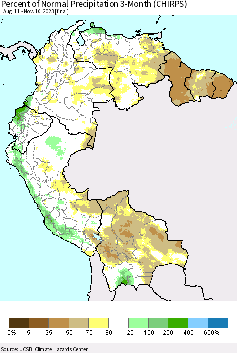 Northern South America Percent of Normal Precipitation 3-Month (CHIRPS) Thematic Map For 8/11/2023 - 11/10/2023