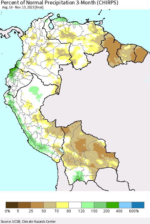 Northern South America Percent of Normal Precipitation 3-Month (CHIRPS) Thematic Map For 8/16/2023 - 11/15/2023