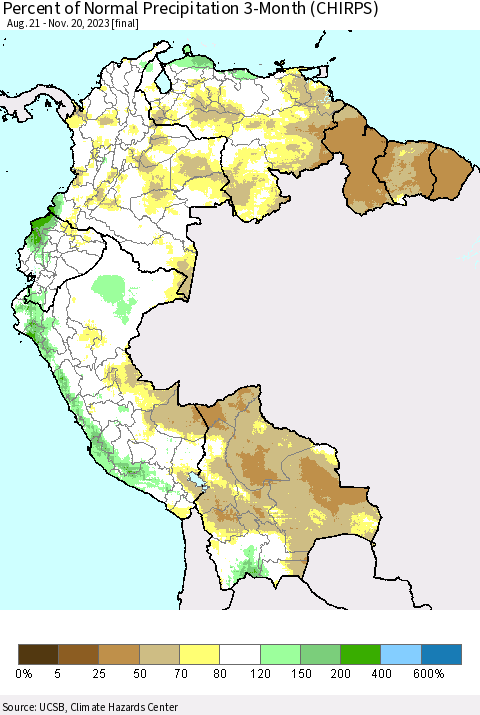 Northern South America Percent of Normal Precipitation 3-Month (CHIRPS) Thematic Map For 8/21/2023 - 11/20/2023