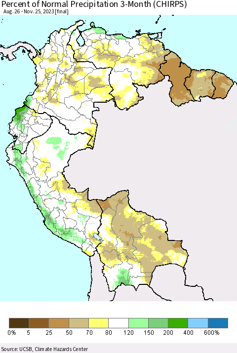 Northern South America Percent of Normal Precipitation 3-Month (CHIRPS) Thematic Map For 8/26/2023 - 11/25/2023