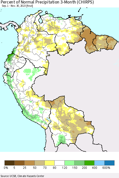 Northern South America Percent of Normal Precipitation 3-Month (CHIRPS) Thematic Map For 9/1/2023 - 11/30/2023