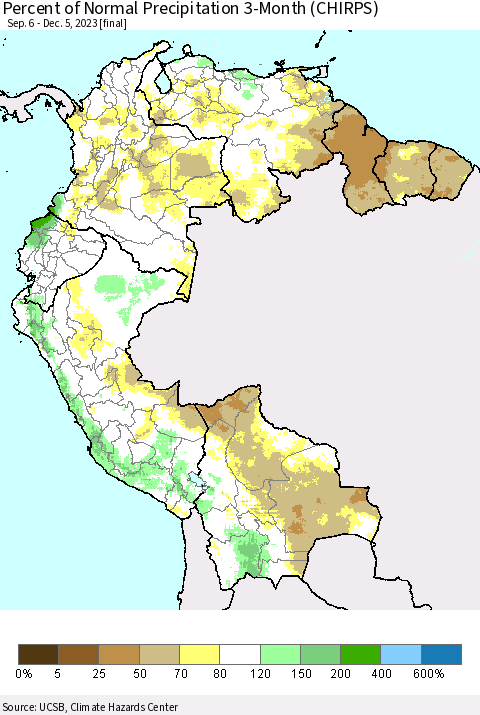 Northern South America Percent of Normal Precipitation 3-Month (CHIRPS) Thematic Map For 9/6/2023 - 12/5/2023